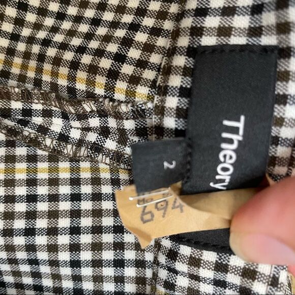 Theory Cropped Checked Woven Straight Leg Slit Pants 2 Brown Black Yellow Plaid - Picture 7 of 8